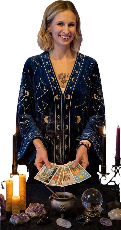 Judith, astrologue, en robe brodée de constellations, présentant un jeu de tarot